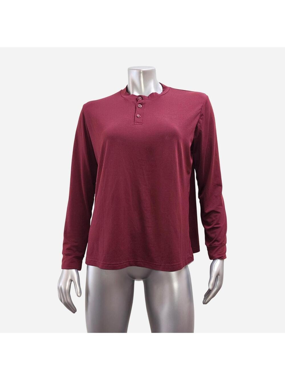 Real Essentials Long Sleeve Henley Shirt Womens Large Burgundy Maroon Top